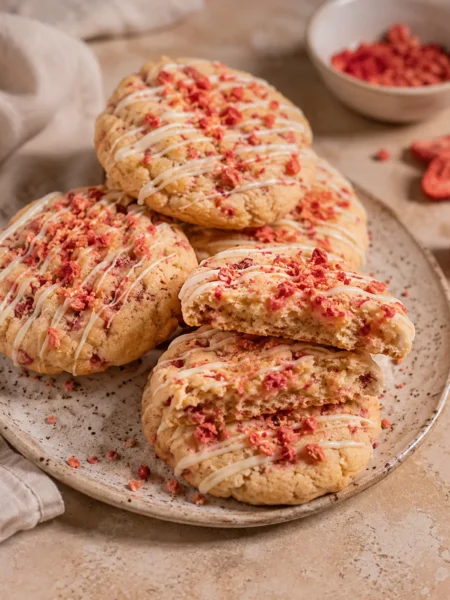 Strawberry crunch cookies with white chocolate drizzle and strawberry crumble.
