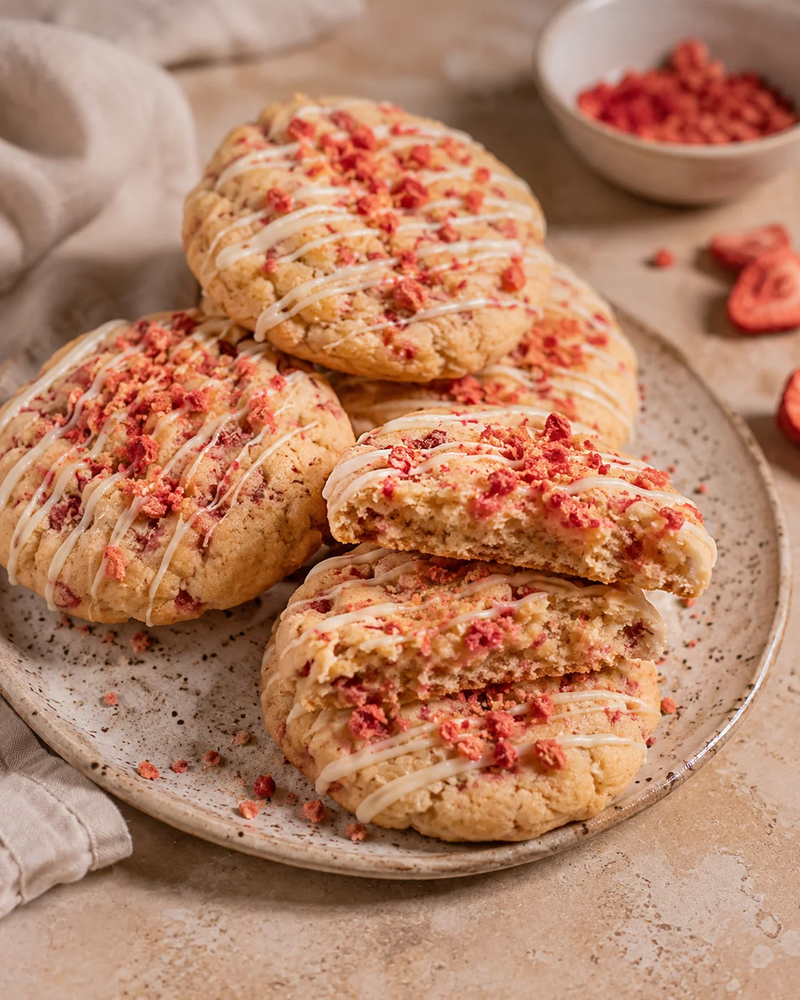 Strawberry Crunch Cookies arranged for a baby shower menu