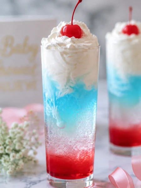Italian Cream Soda with syrup layers, cream swirl, and cherry on top, pastel baby shower style.