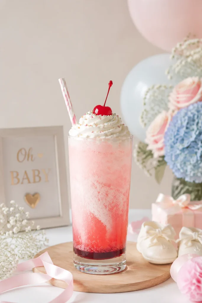 Festive baby shower scene featuring colorful Italian Cream Sodas in tall clear glasses with layered syrup, fizzy club soda, swirling cream, topped with whipped cream and maraschino cherries, served on a pastel-decorated table with soft pink, blue, and neutral accents, baby shower props like ribbons, balloons, and flowers in background, editorial food photography style, soft natural side lighting, shallow depth of field, Canon EOS R5 85mm f/2.8, 8K, vertical 2:3 Pinterest format, overlay space at top for text: "Why Italian Cream Soda is Perfect for Baby Showers"