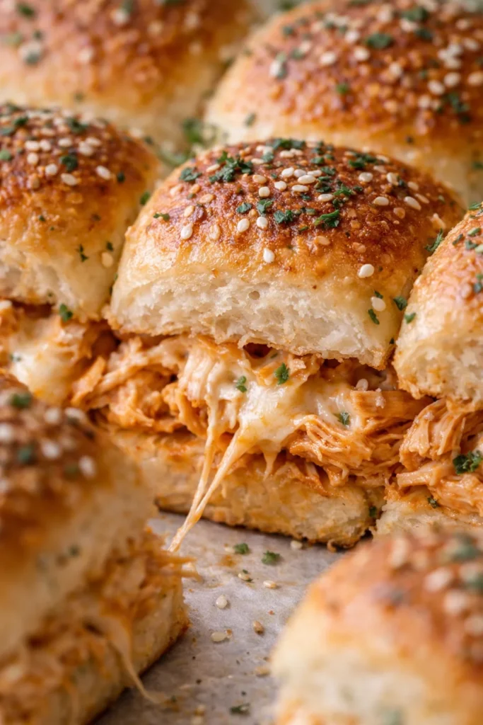 “Close-up of gooey buffalo chicken sliders with melted cheese and soft golden rolls.”