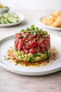 Restaurant-style tuna tartare with avocado, fresh herbs, and sesame seeds, served as a light party finger food