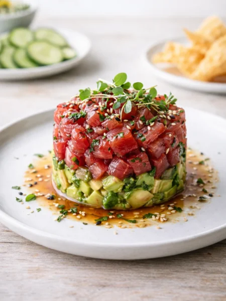 Restaurant-style tuna tartare with avocado, fresh herbs, and sesame seeds, served as a light party finger food