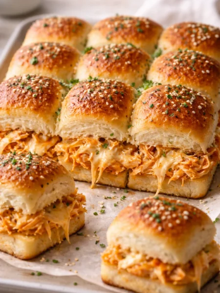 Buffalo chicken sliders with creamy shredded chicken filling