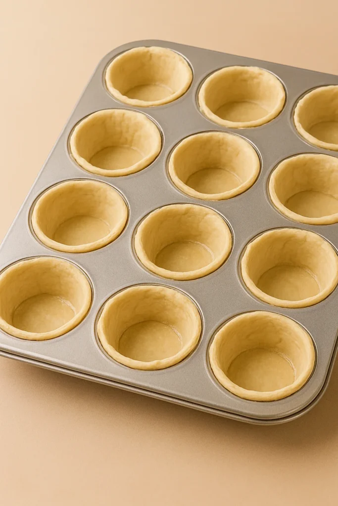 Press biscuit dough or puff pastry into each cup, shaping small dough bowls.