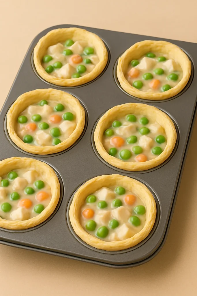 Spoon the filling into the dough cups, being careful not to overfill.
