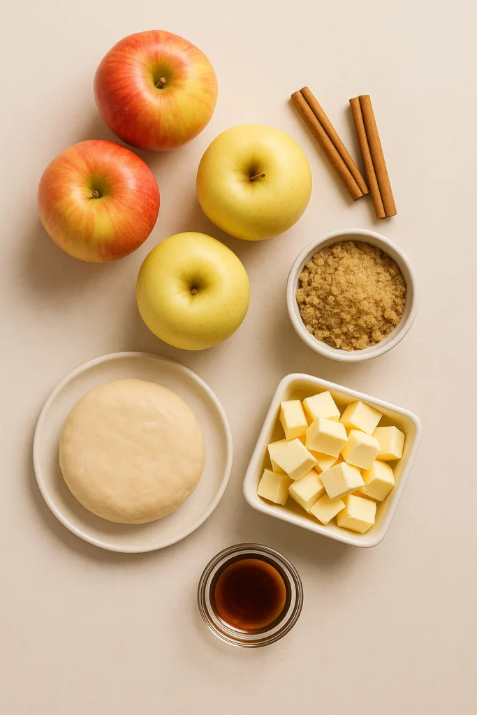 Ingredients for mini apple pies arranged on a neutral background