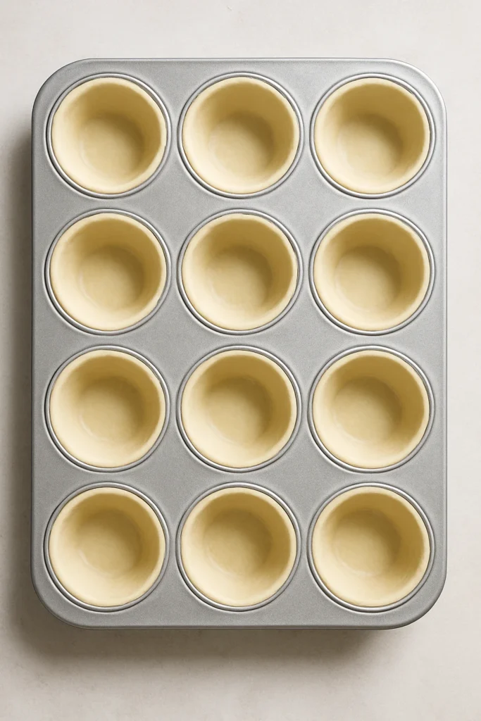 Pastry dough pressed into muffin tin for mini apple pies