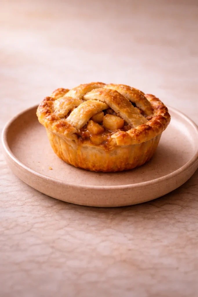 Mini apple pie crust dessert served on a neutral plate with buttery flaky pastry and cinnamon apple filling.