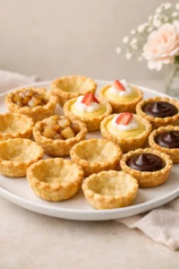 Mini pie crust creations displayed on an elegant baby shower dessert table with mini apple pies and bite-sized pastries