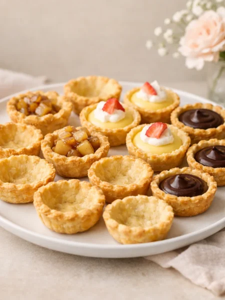 Mini pie crust creations displayed on an elegant baby shower dessert table with mini apple pies and bite-sized pastries