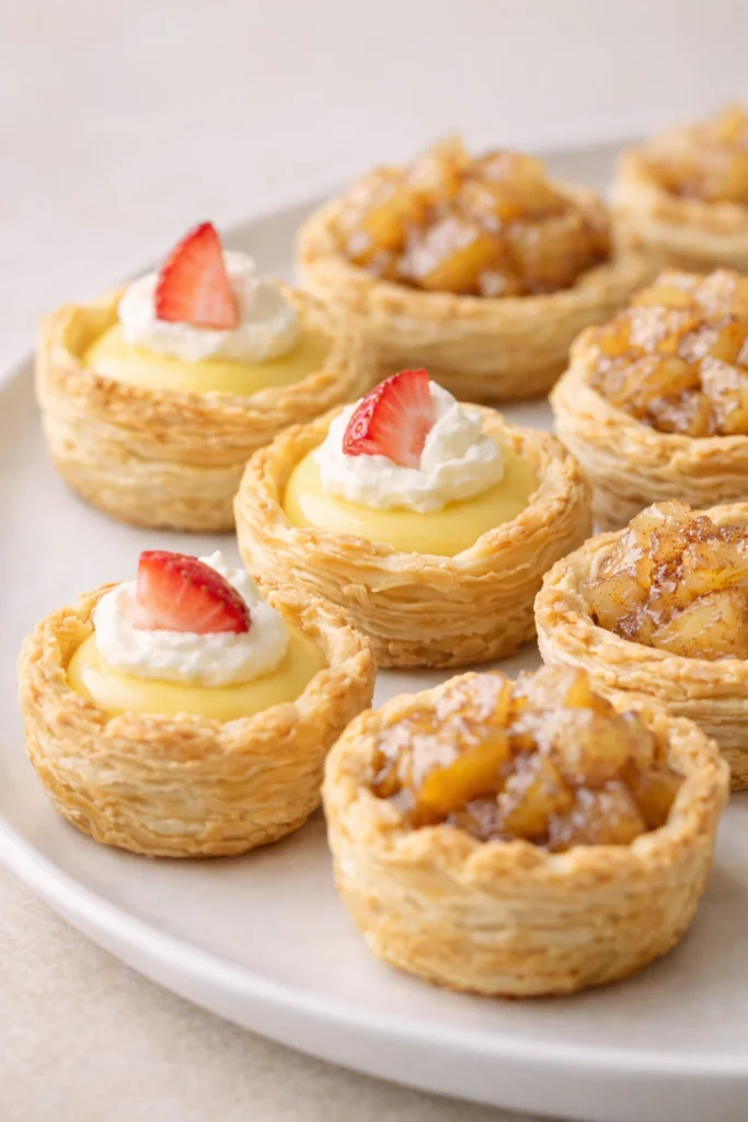 Puff pastry mini pie crust cups with flaky layers perfect for elegant bite-sized desserts