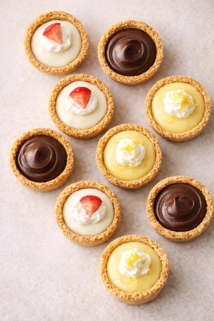 Graham cracker mini pie crusts used for easy no-bake baby shower desserts