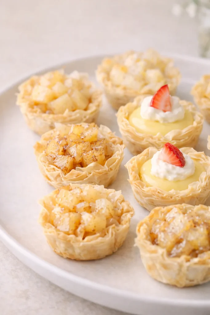 Mini pie crust creations displayed on an elegant baby shower dessert table with mini apple pies and bite-sized pastries
