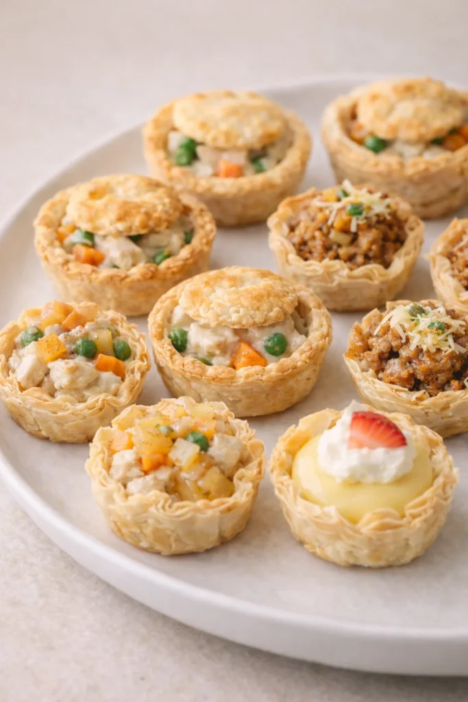 Savory mini pie crust appetizers including mini chicken pot pies for baby showers and parties