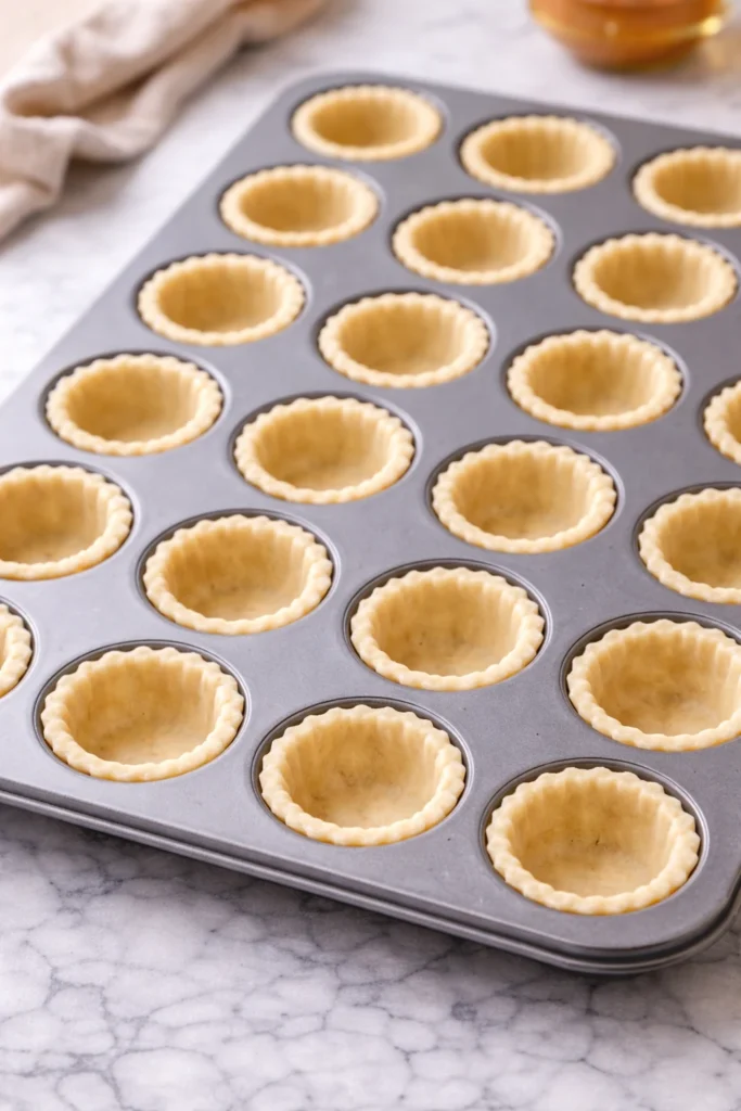Mini pie dough rounds pressed into a nonstick mini muffin pan, evenly shaped crusts ready for baking on a marble surface