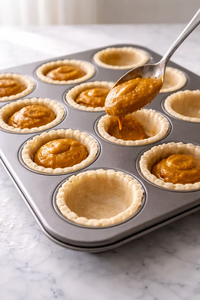 Pumpkin pie filling being spooned into mini pie crusts inside a muffin pan, showing smooth, creamy texture and evenly filled shells under bright natural light.