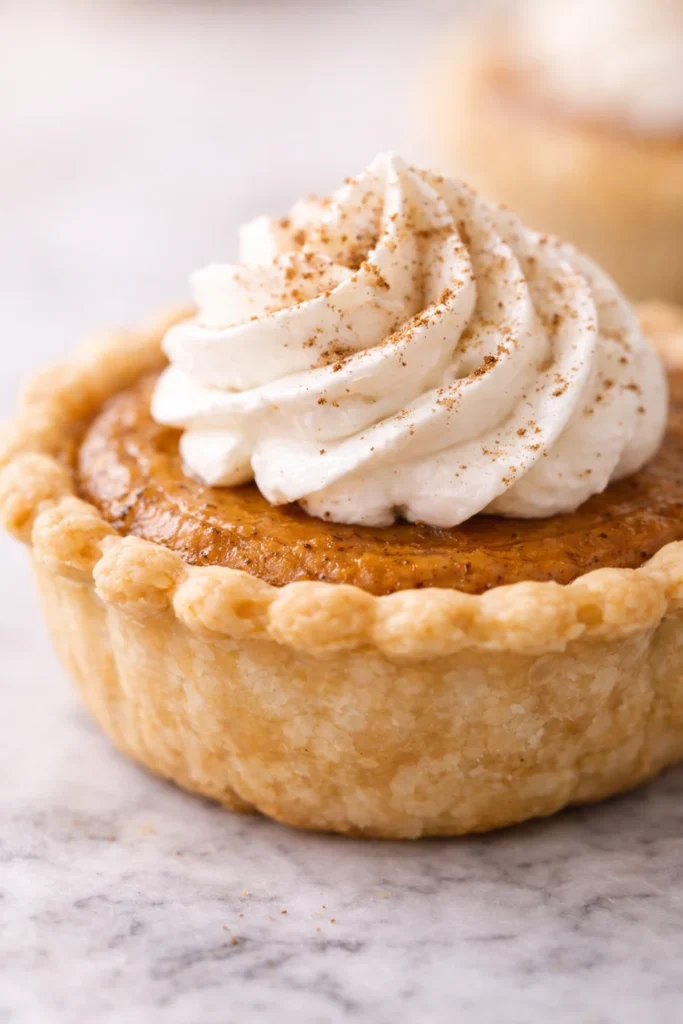 Single mini pumpkin pie topped with whipped cream and cinnamon, flaky golden crust and smooth spiced pumpkin filling in close-up