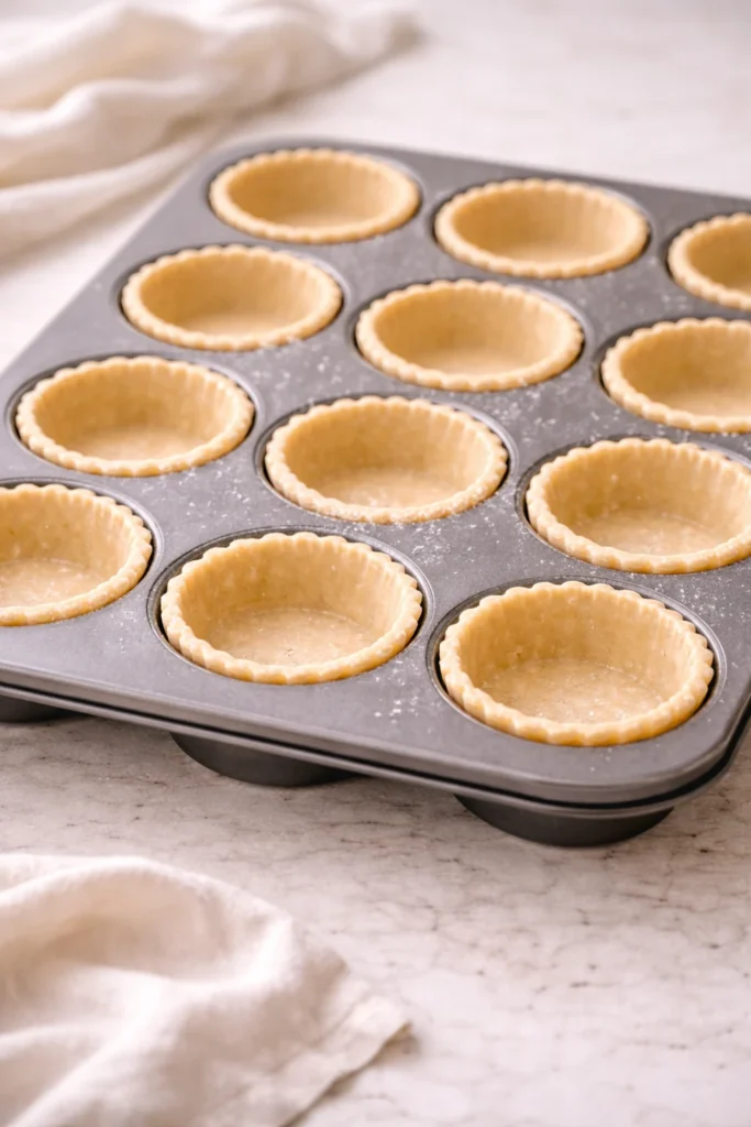 Preheat your oven and place mini pie crusts into a muffin pan.