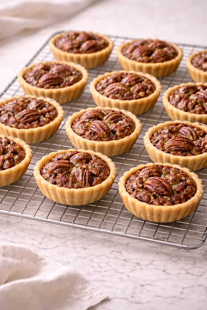 Mini pecan pies cooling on a stainless steel wire rack, showing golden flaky crusts and glossy pecan filling in natural daylight.