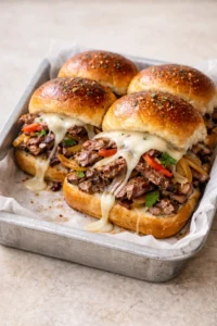 Philly cheesesteak sliders baked in a parchment-lined metal pan with golden buttered rolls, thick slices of grilled beef, sautéed peppers and onions, and melted provolone cheese on a light neutral background.