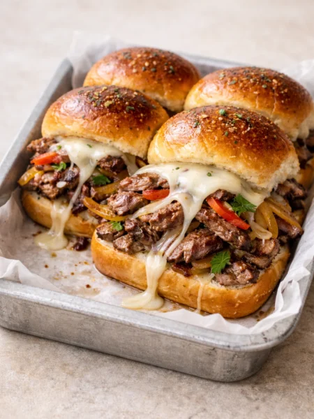Philly cheesesteak sliders baked in a parchment-lined metal pan with golden buttered rolls, thick slices of grilled beef, sautéed peppers and onions, and melted provolone cheese on a light neutral background.