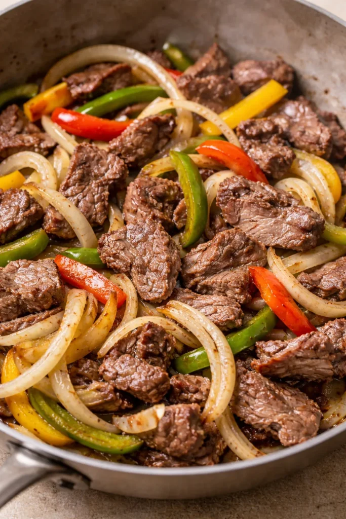 Thinly sliced beef cooking with onions and bell peppers for Philly cheesesteak sliders
