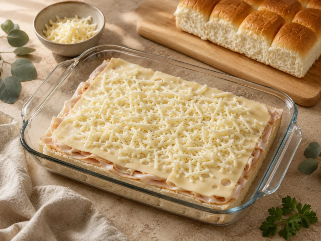 Layered turkey and cheese sliders before baking.