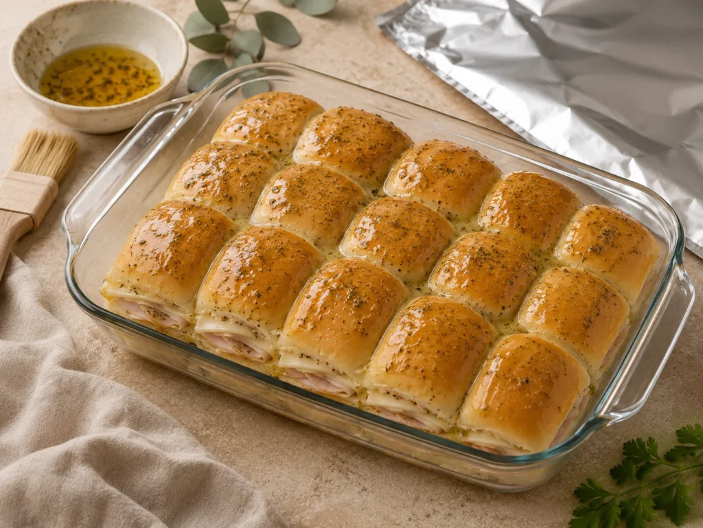 Sliders brushed with butter glaze before baking.