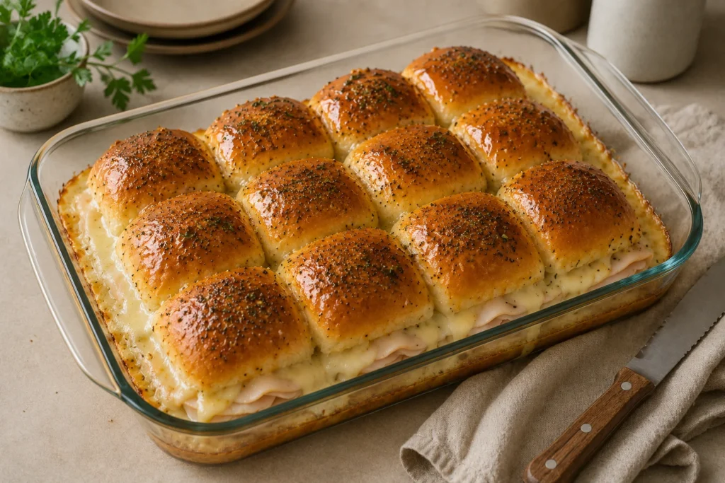 Golden baked turkey and cheese sliders.