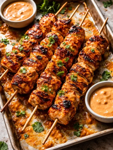 Bang bang chicken skewers arranged on a baking tray, featuring golden grilled chicken pieces on wooden skewers with creamy sweet-and-spicy bang bang sauce served on the side.