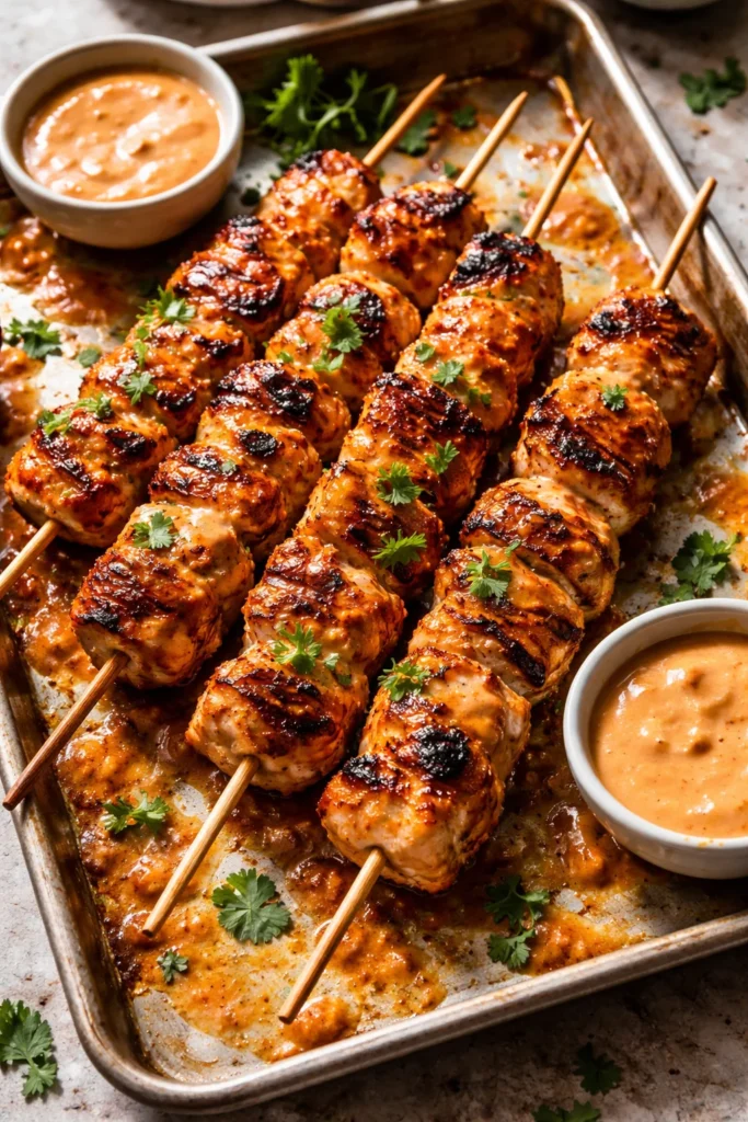 Bang bang chicken skewers arranged on a baking tray, featuring golden grilled chicken pieces on wooden skewers with creamy sweet-and-spicy bang bang sauce served on the side.