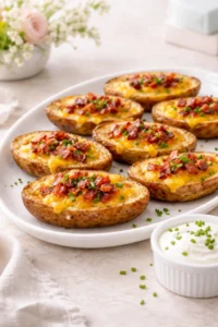 Loaded potato skins filled with melted cheddar, crispy bacon, and fresh chives arranged on a white platter, garnished with sour cream and served as a baby shower appetizer.