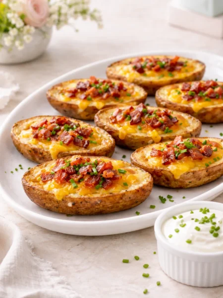 Loaded potato skins filled with melted cheddar, crispy bacon, and fresh chives arranged on a white platter, garnished with sour cream and served as a baby shower appetizer.