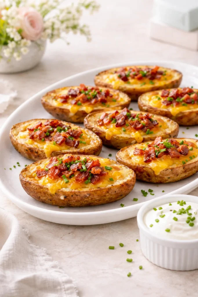 Loaded potato skins filled with melted cheddar, crispy bacon, and fresh chives arranged on a white platter, garnished with sour cream and served as a baby shower appetizer.
