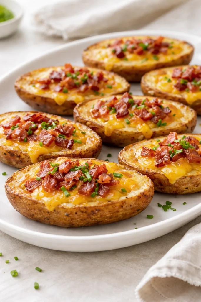 Loaded potato skins with melted cheddar, bacon, and chives served on a white platter as a baby shower appetizer.