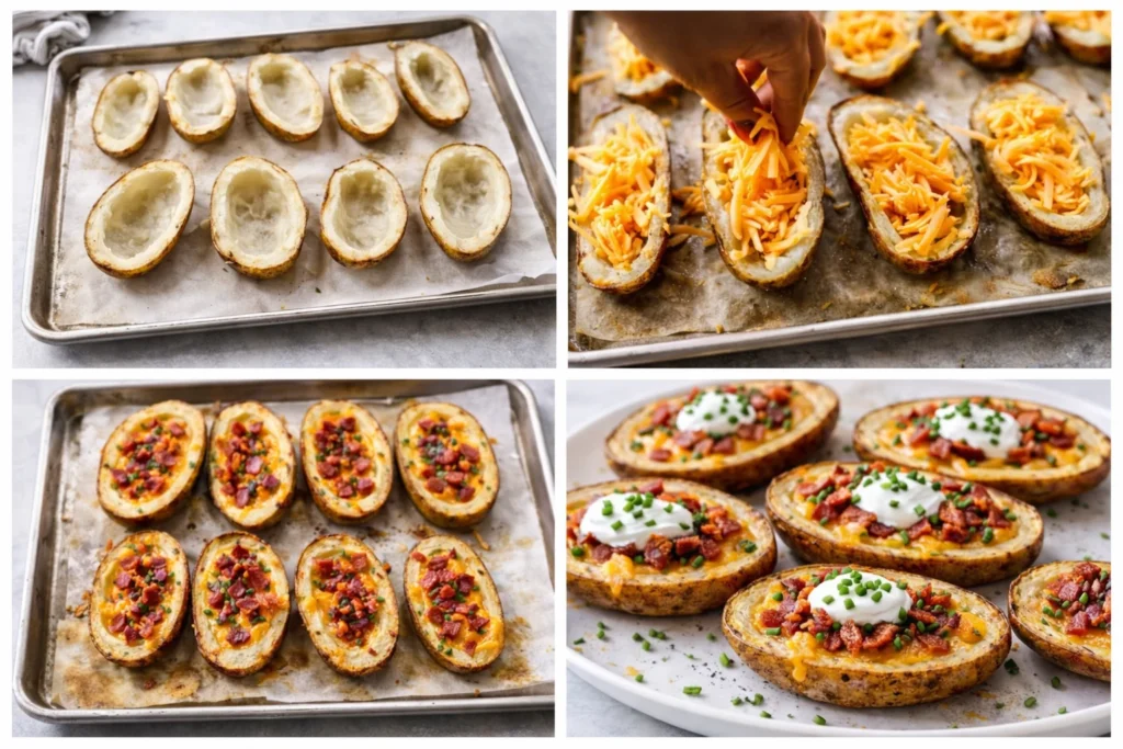"Step-by-step collage showing how to make loaded potato skins — scoop, add cheddar, bake with bacon, and finish with sour cream and chives."
