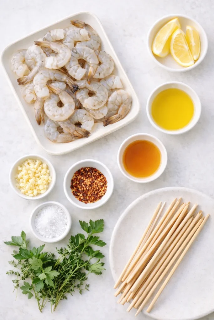“Overhead view of grilled shrimp skewer ingredients arranged on a white surface, including raw shrimp, lemon wedges, olive oil, garlic, spices, fresh herbs, and bamboo skewers — clean and bright food photography for baby shower appetizers.”