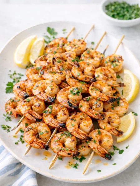 Overhead shot of grilled shrimp skewers marinade ingredients being whisked together.