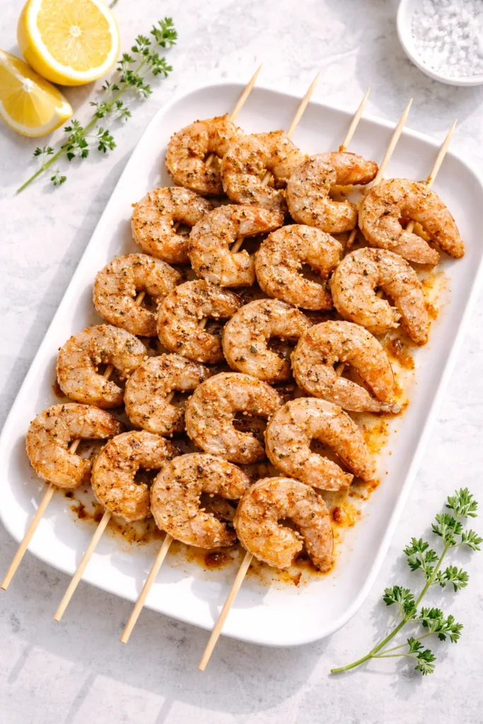Marinated shrimp threaded onto wooden skewers on a white platter, bright natural light, overhead shot.