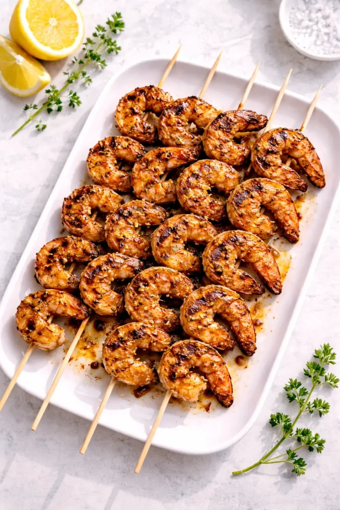 Grilled shrimp skewers with dark char marks and herbs on a white platter, overhead editorial cooking shot.