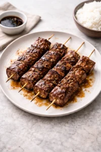 Platter of glossy grilled beef skewers arranged neatly with pastel baby shower accents and bright natural lighting.