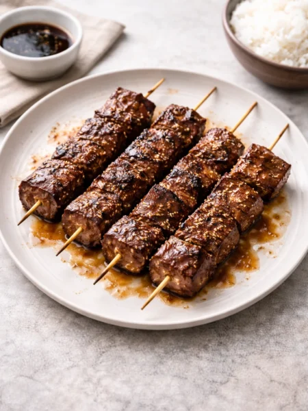 Platter of glossy grilled beef skewers arranged neatly with pastel baby shower accents and bright natural lighting.