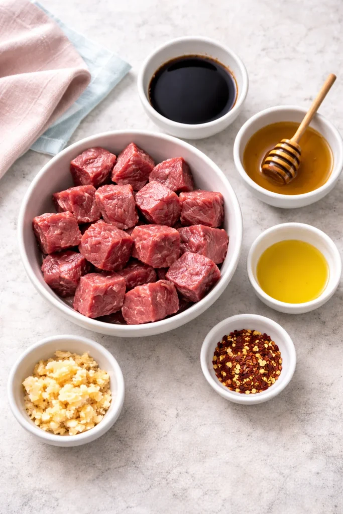 Overhead shot of cubed beef, soy sauce, garlic, and honey arranged in bowls for beef skewer marinade