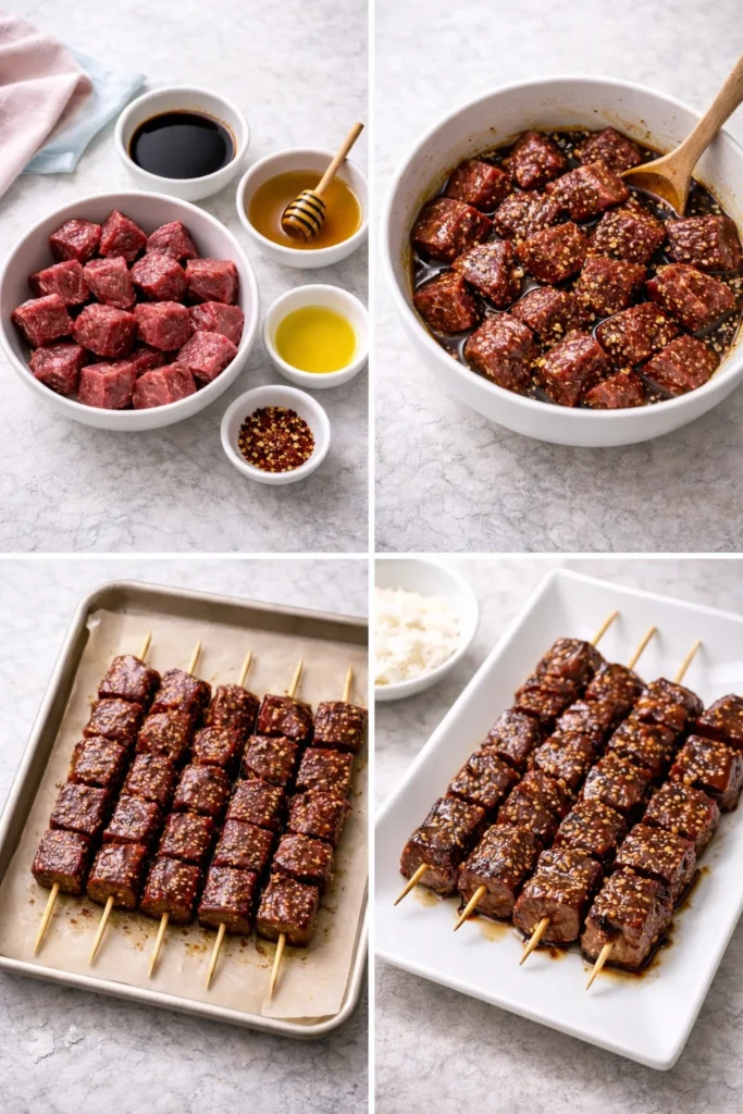 Step-by-step collage of beef skewers from ingredients to final platter