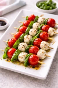 Caprese skewers with tomatoes, mozzarella, and basil arranged on a platter