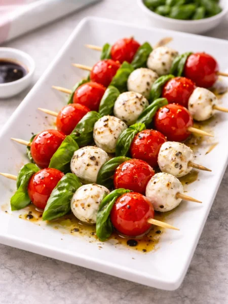 Caprese skewers with tomatoes, mozzarella, and basil arranged on a platter