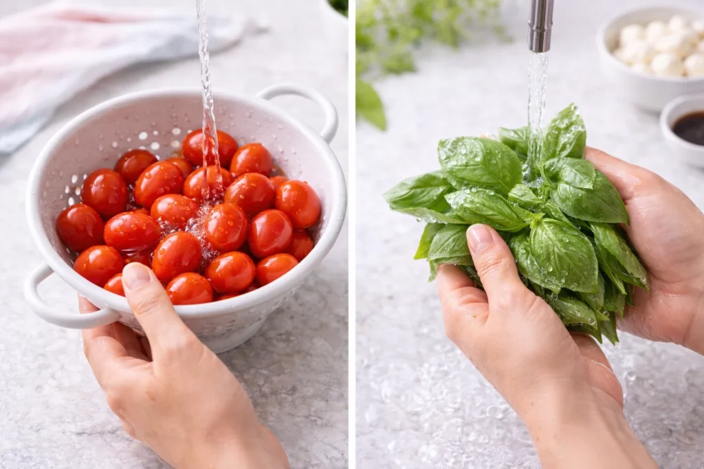 Close-up caprese skewers with cherry tomatoes, basil, and mozzarella drizzled with olive oil and balsamic.