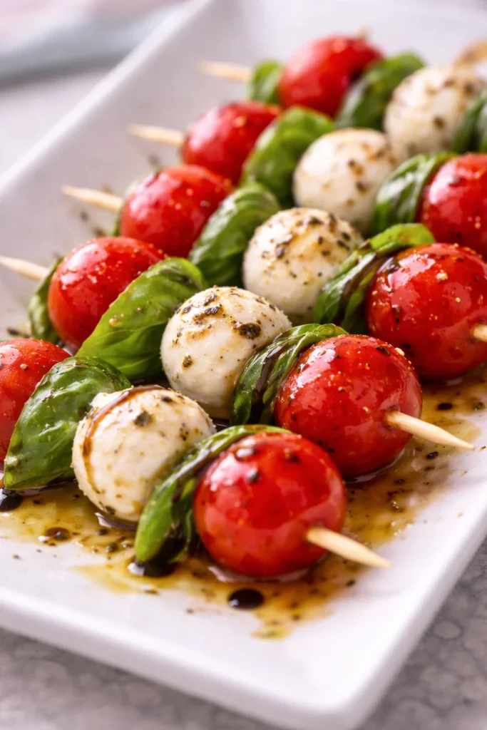 Macro close-up of caprese skewers with cherry tomatoes, mozzarella balls, and fresh basil drizzled with olive oil and balsamic glaze on a white platter.