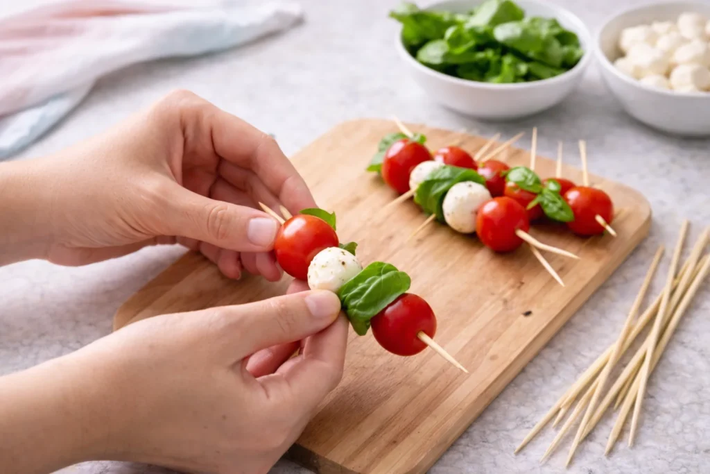 Caprese skewers with fresh basil, cherry tomatoes, and mozzarella drizzled with balsamic — easy party appetizer and baby shower finger food.